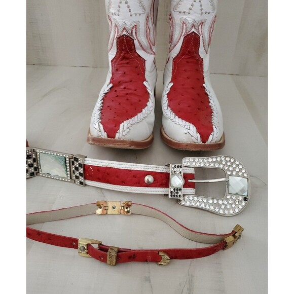Men\'s Crown Boots belt set Ostrich Western Cowboy Boots Red/White Size 7- 51W